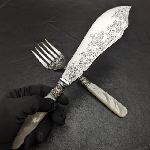 英國古董銀盤魚服務器套裝白色蝴蝶貝殼手柄